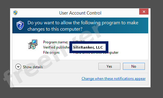 Screenshot where SiteRanker, LLC appears as the verified publisher in the UAC dialog